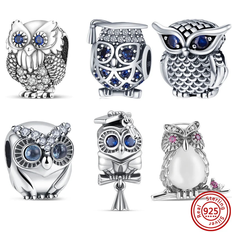 Original Design 925 Sterling Silver Owl Style Pavé Shiny Beads Fit Pandora Charms Bracelet Necklace Fashion Jewelry DIY Making