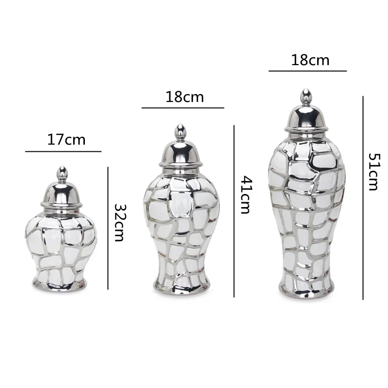 Ceramic General Pot Silver Grid  Porcelain Ginger Jar Storage Tank with Cover Flower Vase Home Furnishing Decoration Vases Pots 5