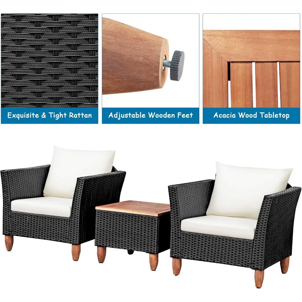 Patio Furniture Set, Patiojoy Outdoor Wicker Rattan Bistro Sofa Set w/Washable Cushion, Acacia Wood Top Coffee Table 6