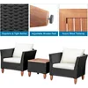 Patio Furniture Set, Patiojoy Outdoor Wicker Rattan Bistro Sofa Set w/Washable Cushion, Acacia Wood Top Coffee Table 6