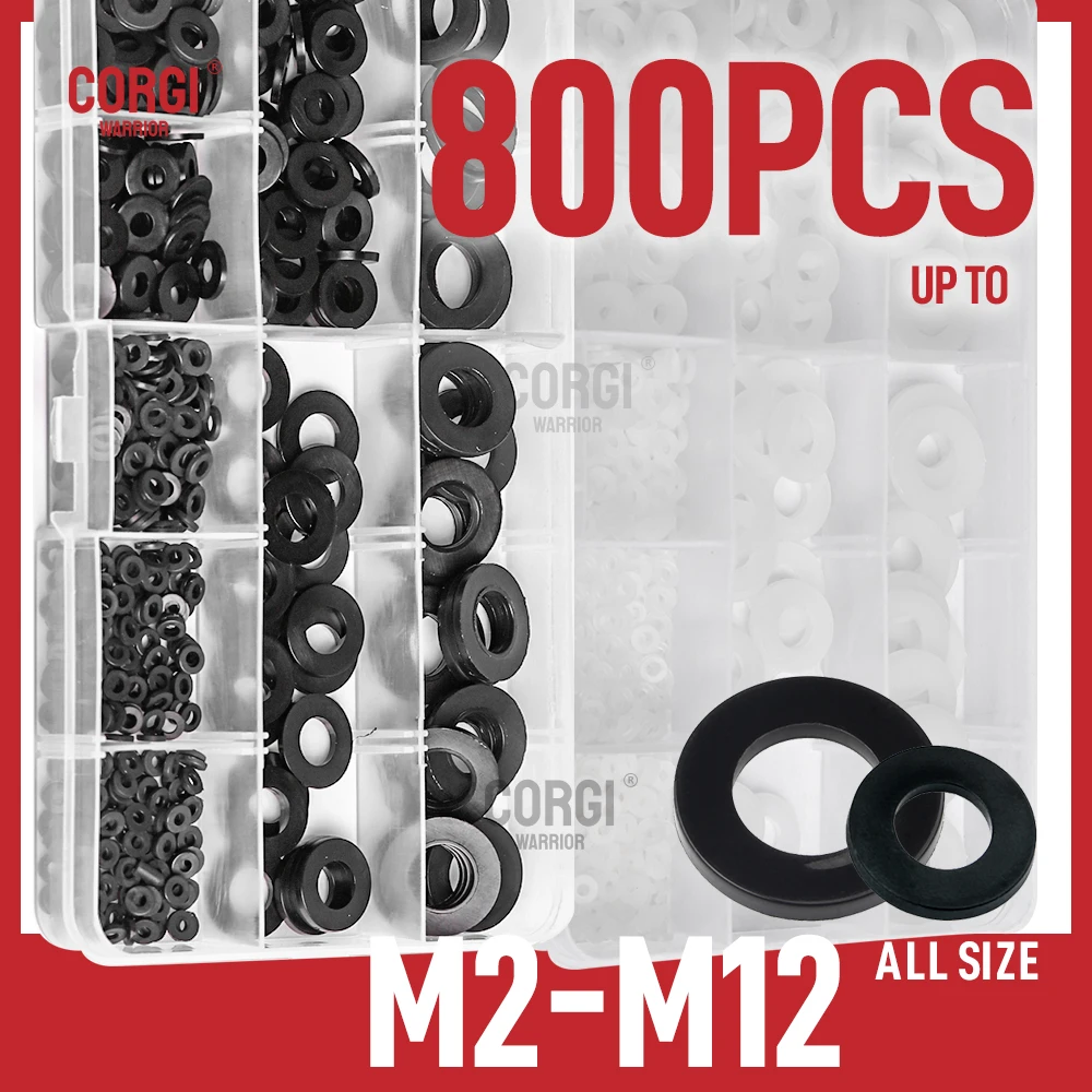 Nylon Flat Washers Assortment Kit 500-800 White Pieces Black M2 M2.5 M3 M4 M5 M6 M8 M10 M12 9 Sizes Bolts nylon washers