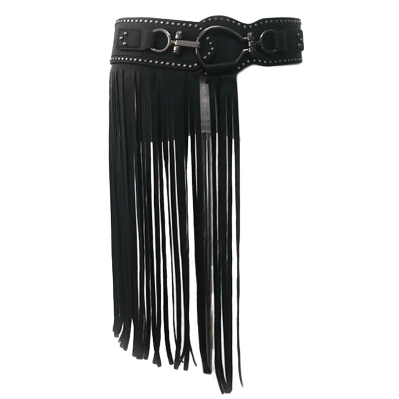 Women Long Tassel Waist Chain Faux Leather Body Belt with Alloy