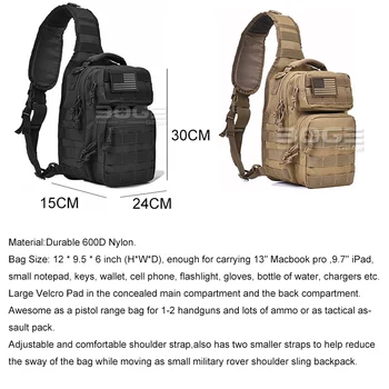 explanatory picture with measurements of tactical sling bag