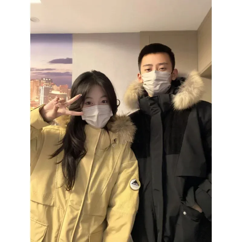 2023 new long women's down jacket thickened warm couple winter tooling style to overcome loose stitching