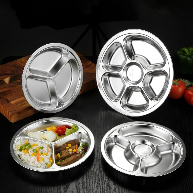 Dining dish Stainless Steel Round Serving Tray Divided Food Dinner Plates Canteen Lunch Dishes Container Home Dinnerware