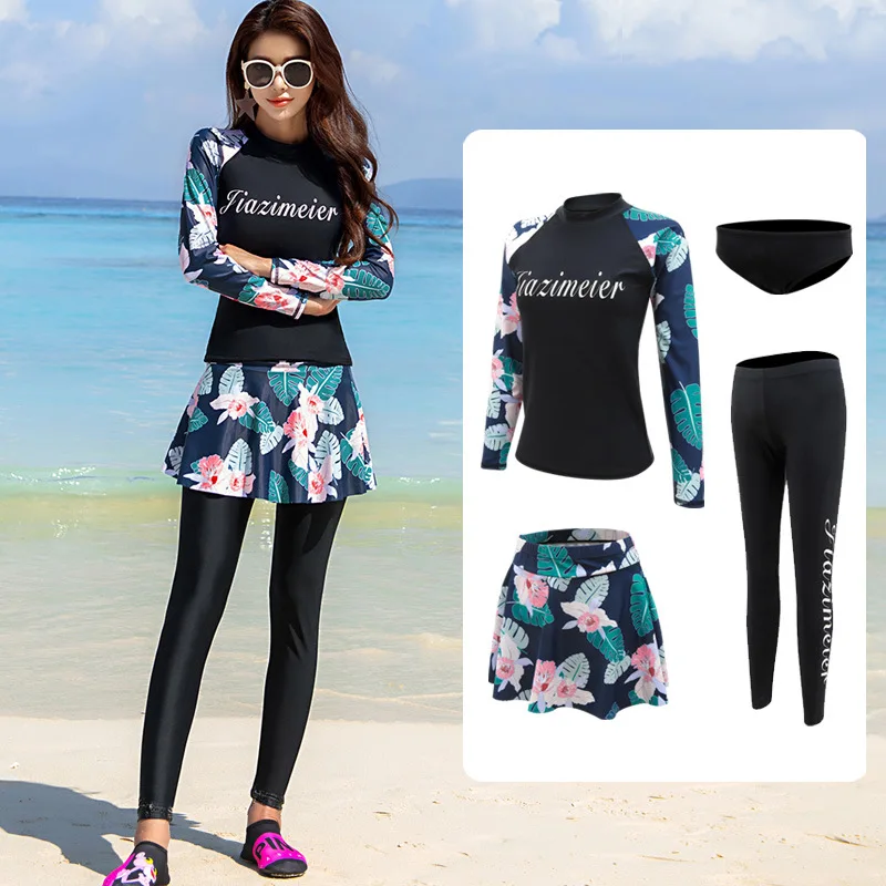 

4pcs/set Women UV Protective Rash Guard Printed Swim Shirts+Pants Tankini Surf Swimwear Tops & Bottoms