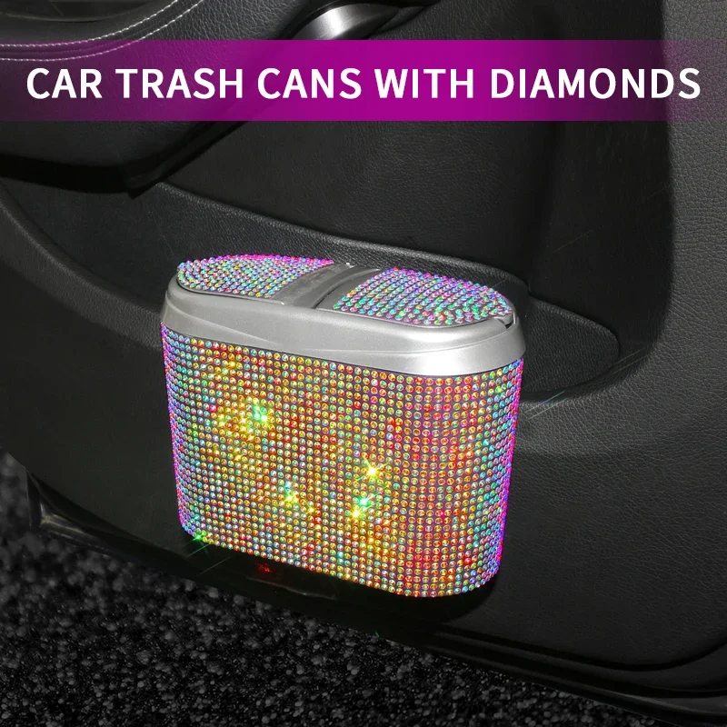 

Car Trash Can Auto Supplies Storage Box Garbage Grabber Bling Rhinestone Interior Accessories Square Pressing Car Trash Bin