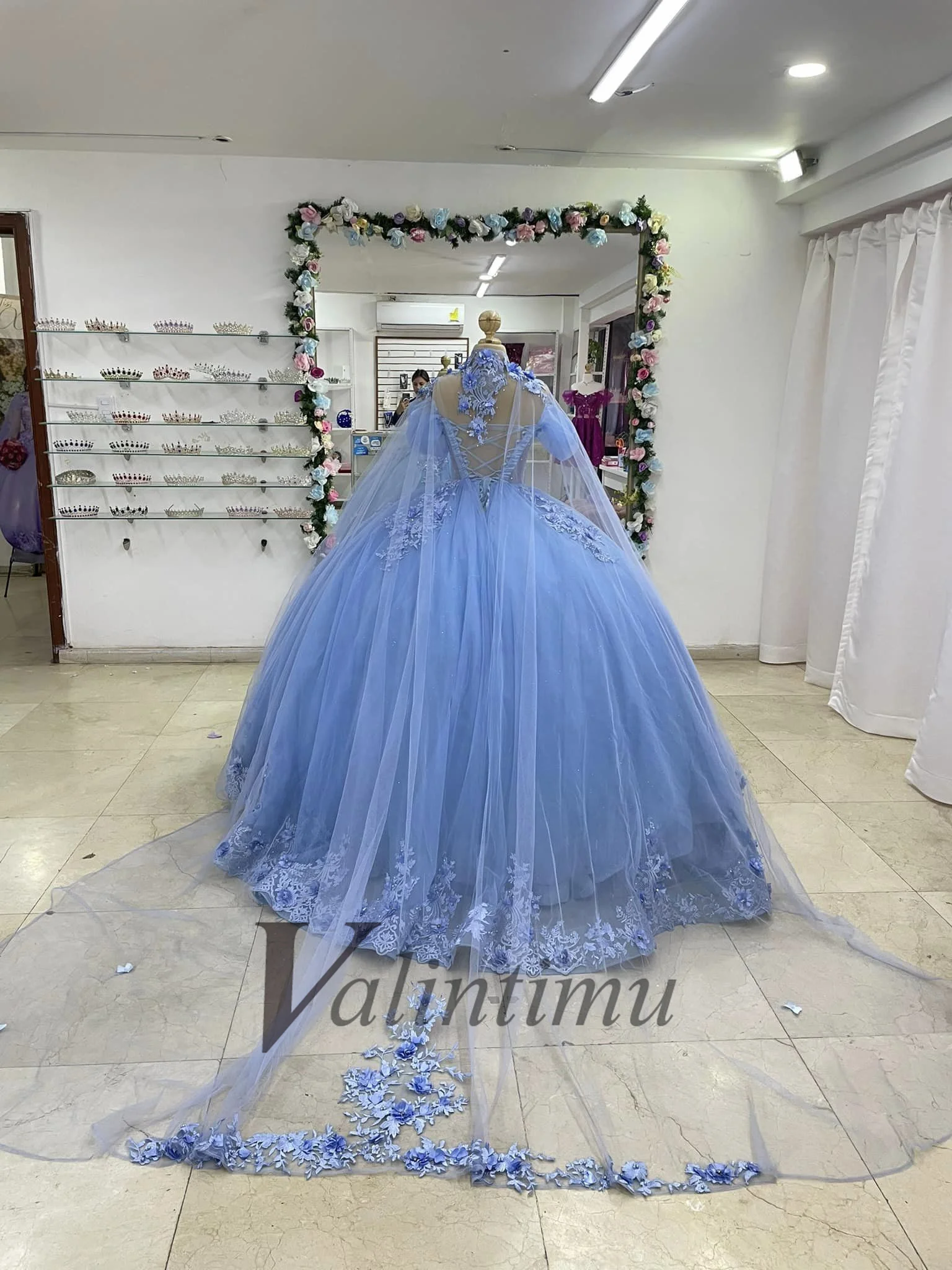 Quinceanera Dresses Ball Gown Cloak Draped Puff Sleeves 3D Appliques Rhinestones 15 Anos