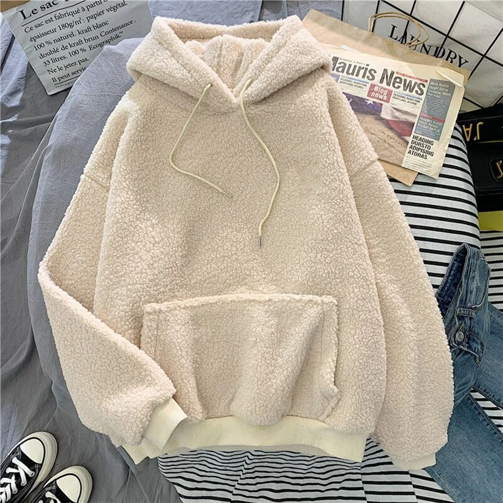 

New Autumn Winter Thick Warm Coat Velvet Cashmere Women Hoody Sweatshirt Solid Blue Lady Loose Long Sleeve Pullover Casual Tops