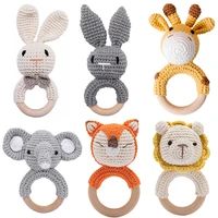 1Pc Baby Rattle Toys Wooden Teether Crochet Pattern Rattle Rabbit Lion Fox BearToy Newborn Gift Baby Teether Crochet Custom Name 1