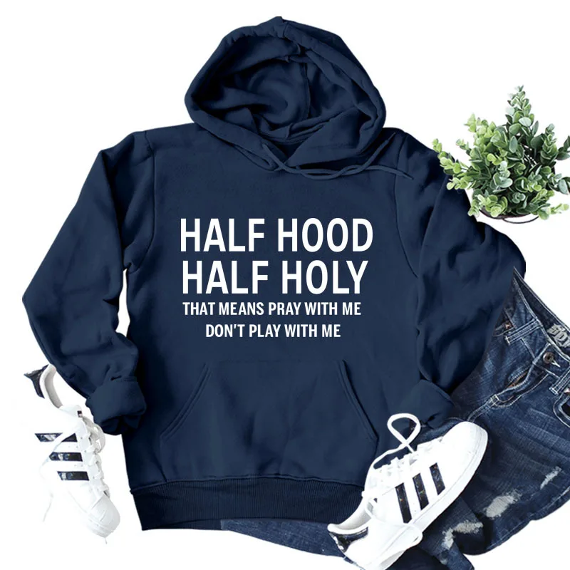

HALF HOOD HALF HOLY Text-print Sweatshirt Loose Lettering Casual Hooded Sweatshirt Long-sleeved Shirt Autumn and Winter Simple