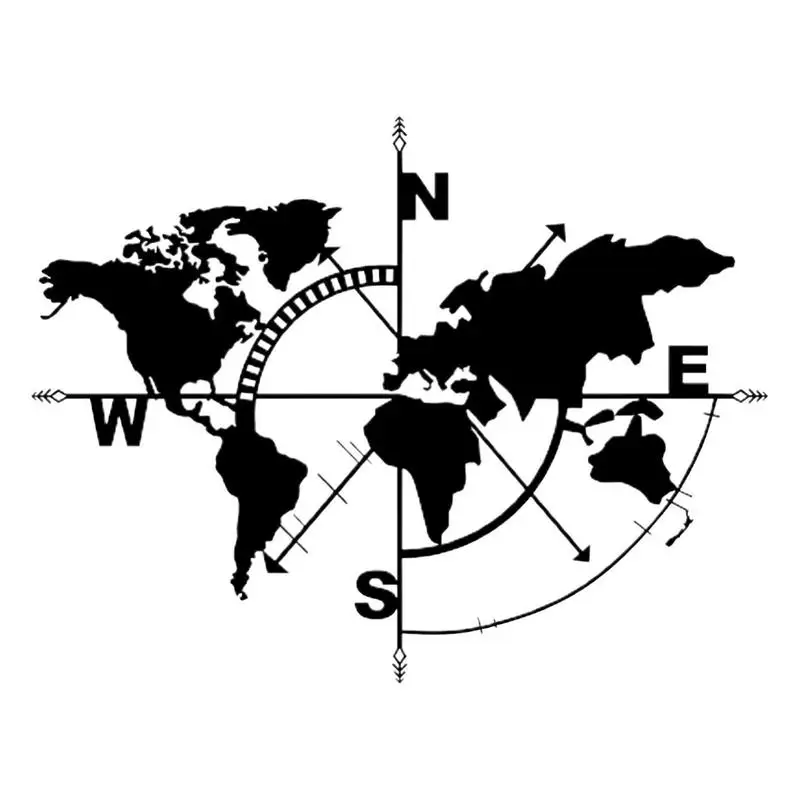 

Metal World Map Wall Art Silhouette Ornament Compass Design Wall Hanging Decoration for Office School Classroom Bedroom Pendant