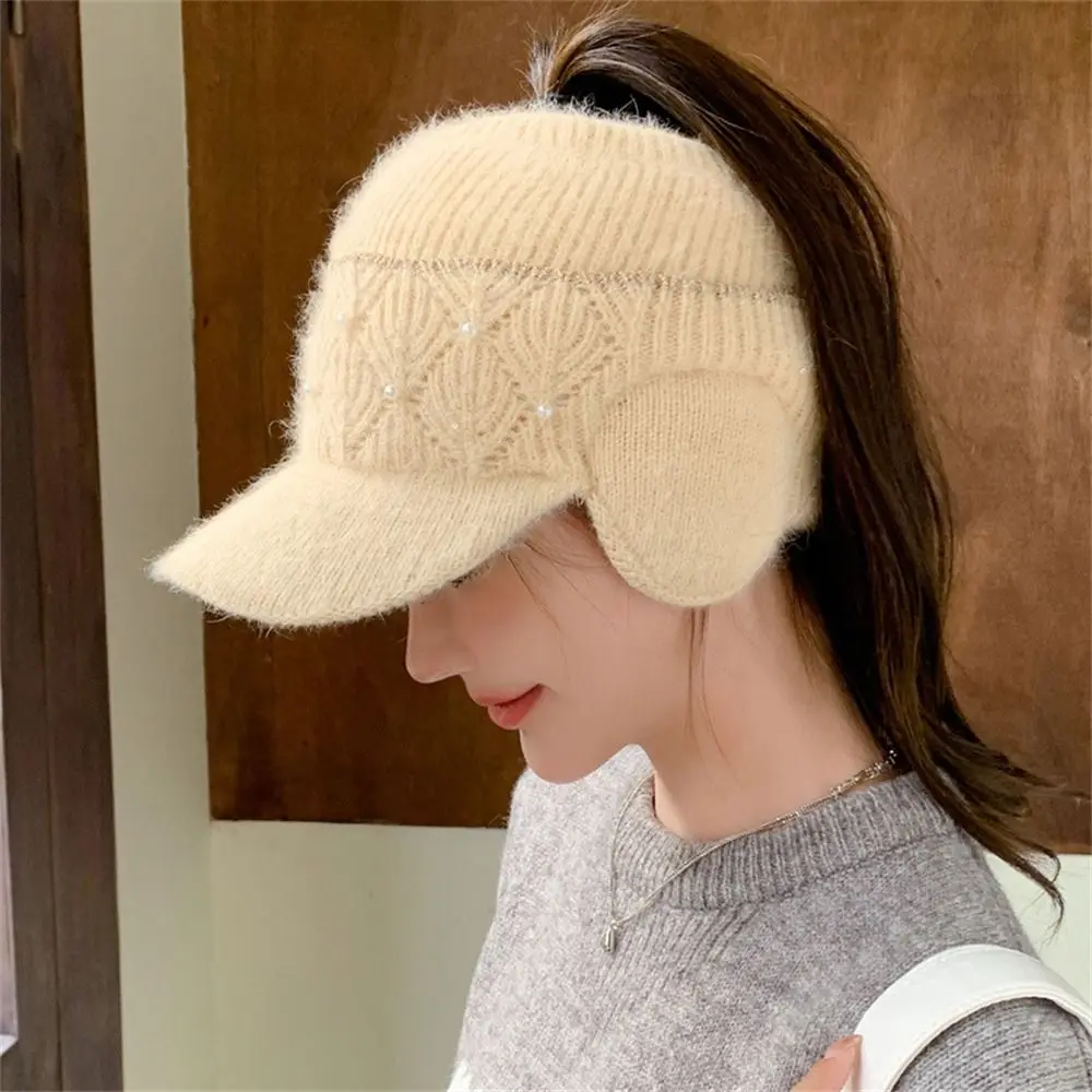 

Winter Hats For Women Solid Color Warm Earflaps Knitted Empty Top Ponytail Hats Female Autumn Winter Baseball Caps with Pearl