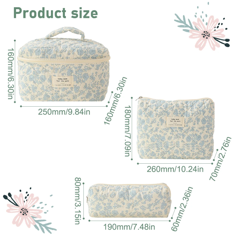 3pcs/set Ladies Quilted Cotton Storage Bag Aesthetic Printed Makeup Bag Women's Large Capacity Toiletry Organizer Cosmetic Pouch 6