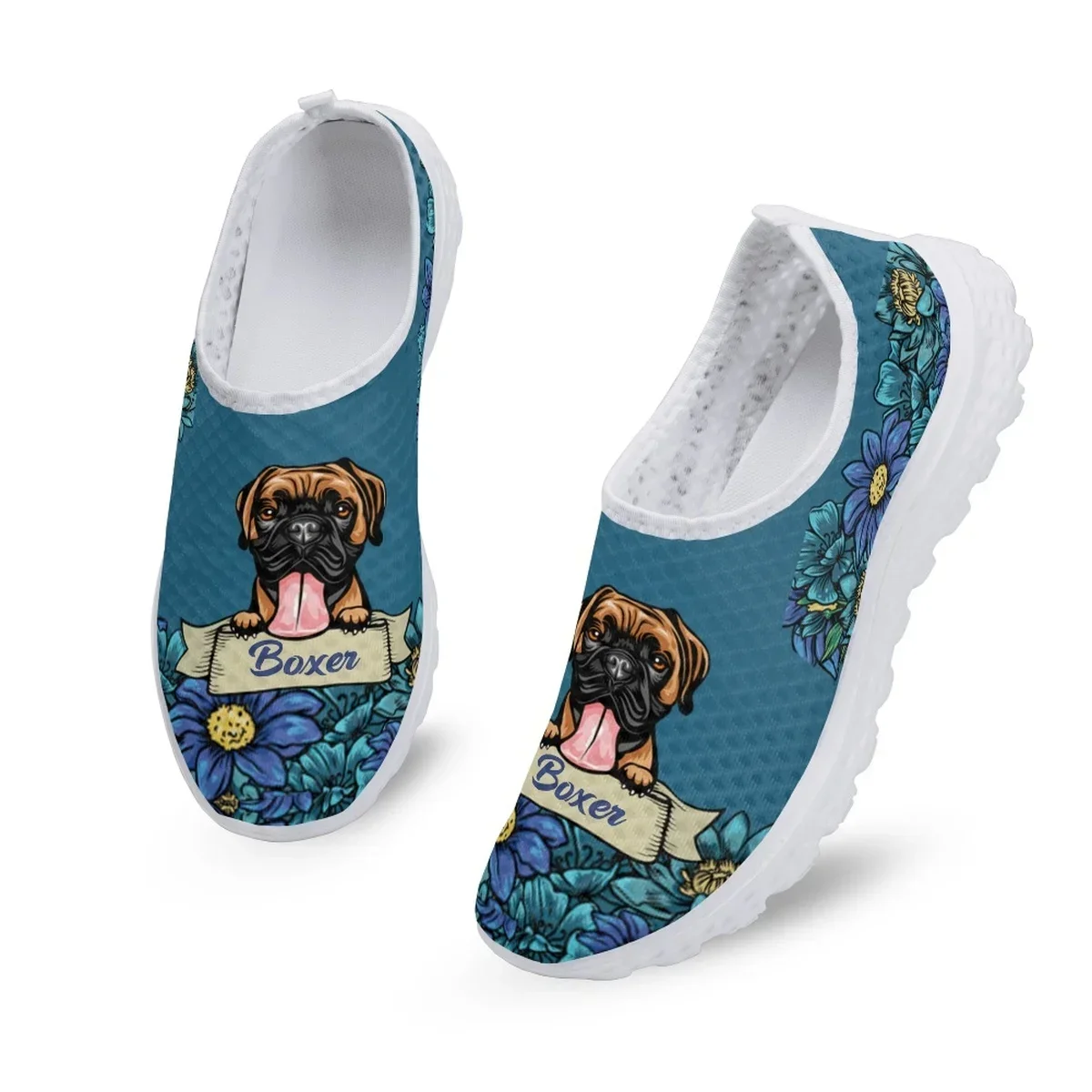 Lovely Boxer Dog Print Slip-on Mesh Shoes Custom Personalized Flats For Dog Lovers Floral Light Loafers For Mom Gift