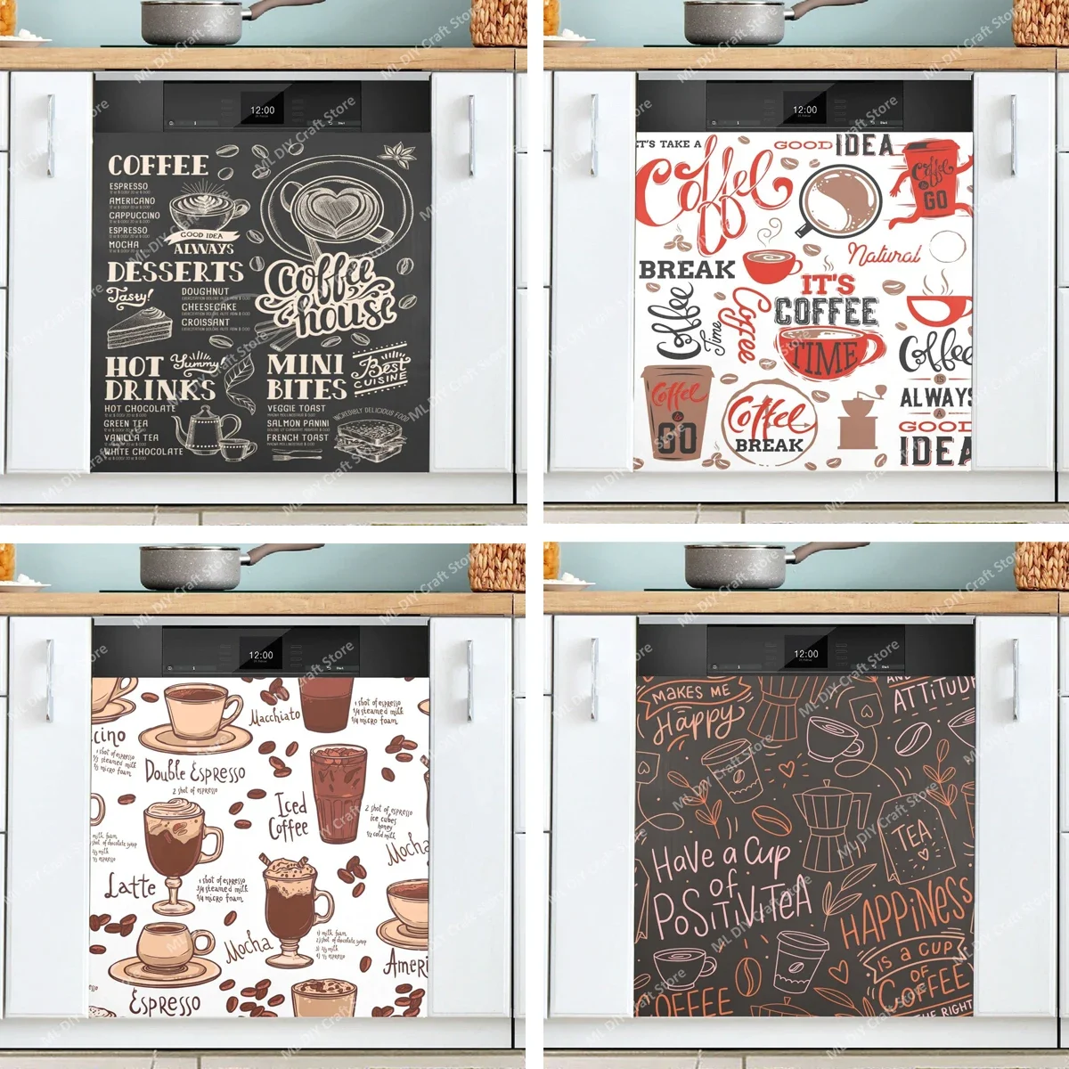 Retro Coffee Topics Cafe Design Dishwasher Sticker Cover for Dish Washer Door Panel Fridge Appliance Kitchen Decor