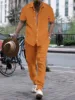 2024 Summer Thin Men's Casual Lapel Solid Color Micro Stretch Shirt Loose Striped Short Sleeve Pants Beach Suit 1