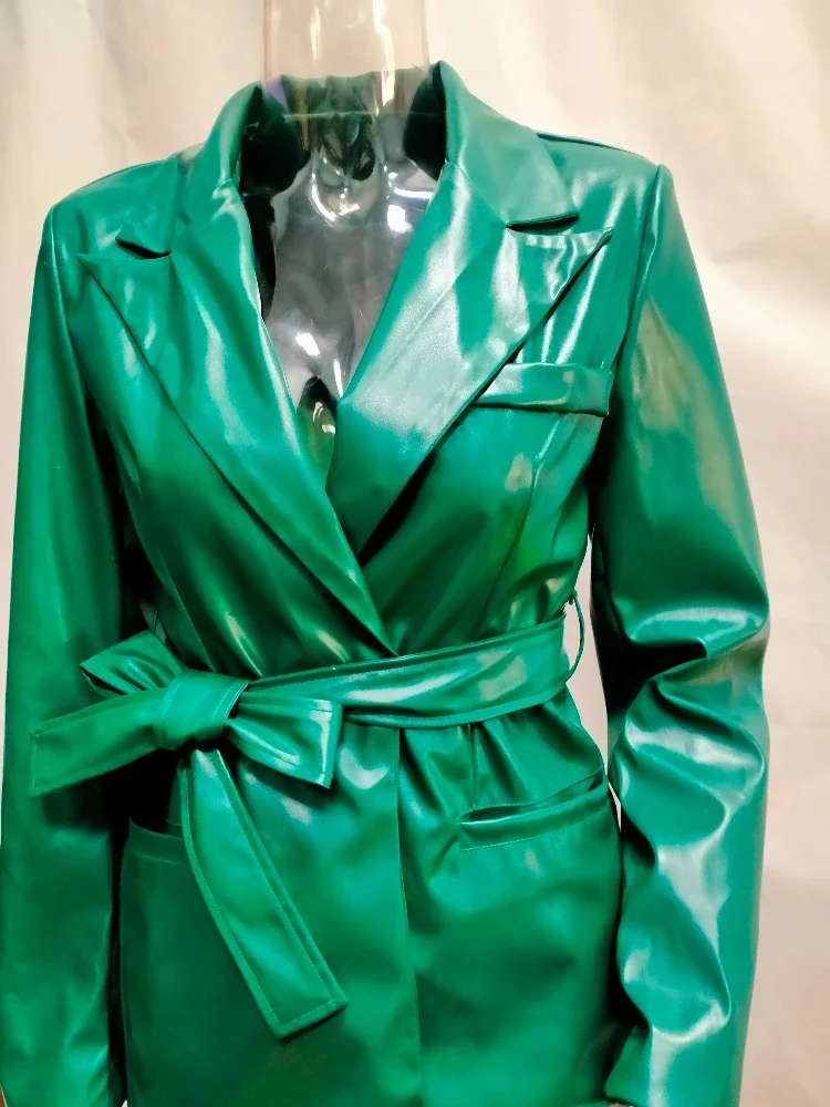 Business Casual Two Piece Set Turndown Collar Long Sleeve Pocket PU Leather 2 Piece Outfits Faux Leather Matching Set with Belt 2