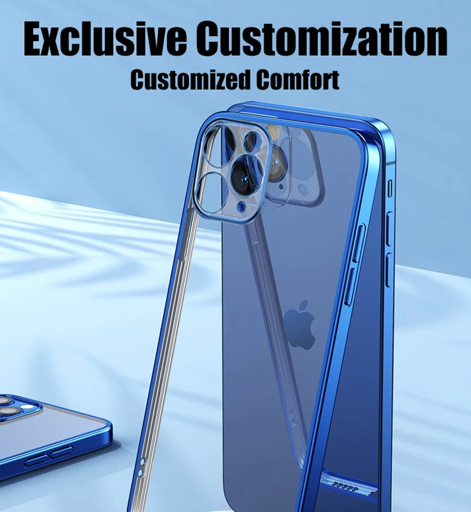 Luxury Plating Square Frame Silicone Transparent Case on For iPhone 11 12 13 14 Pro Max X XR XS MAX 7 8 6 Plus Clear Back Cover 13 pro case