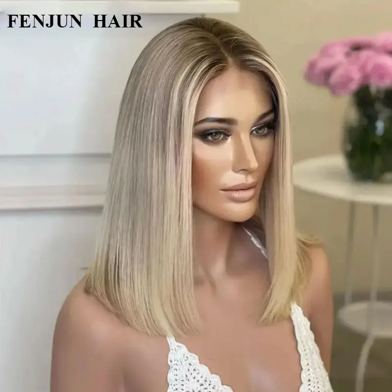 Synthetic Hair Ash Blonde Highlight Color Short Straight Bob Lace Front Wigs 13x4Lace Frontal Wig For Women Long Wig Dark Roots