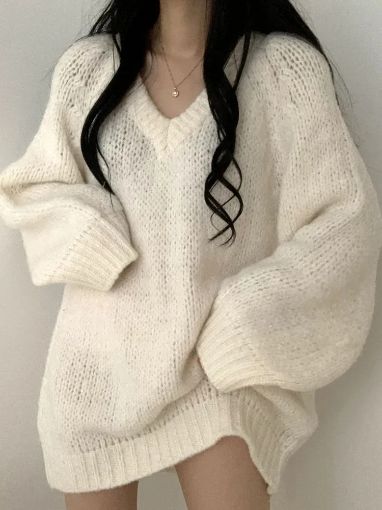 

Autumn Winter Knitted Sweaters Women Oversized Simple Loose V-neck Pullovers Korean Solid Jumpers Tops Female Pull Femme