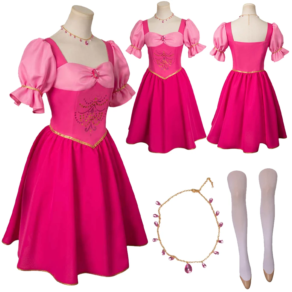 

Corinne Cosplay Fantasy Women Outfit Cartoon Barbei Disguise Costume Girls Pink Dress Necklace Female Halloween Roleplay Suit