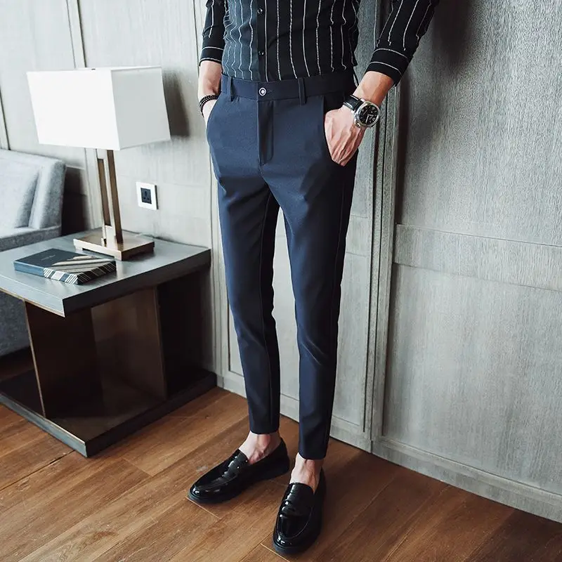 2024 New Versatile Four Seasons Fashion Korean Edition High Waist Slim Fit Solid Color Casual Simple Feet Suit Pants for Men