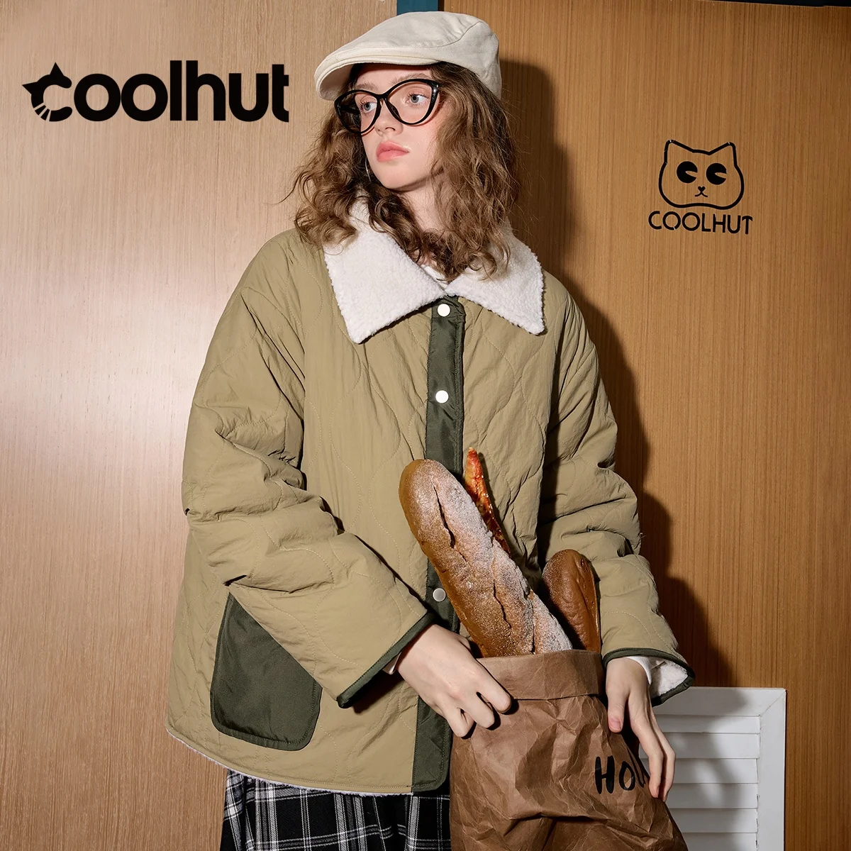 COOLHUT 2025 معاطف الشتاء النسائية نمط القرع Colorblock معطف مبطّن قصير المتضخم الشتاء سترة فضفاضة تناسب سترة القطن الدافئة