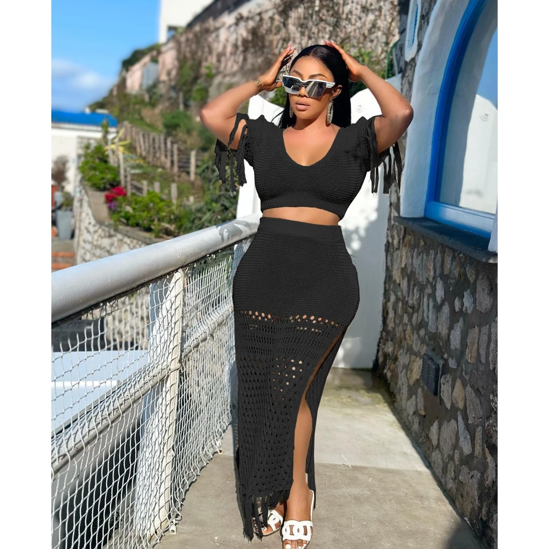 

Knitted Skirts Two Piece Sets Women Sexy See Through Tassel Crop Top and Split Midi Dress Suit Summer Hollow Out Casual Outfits