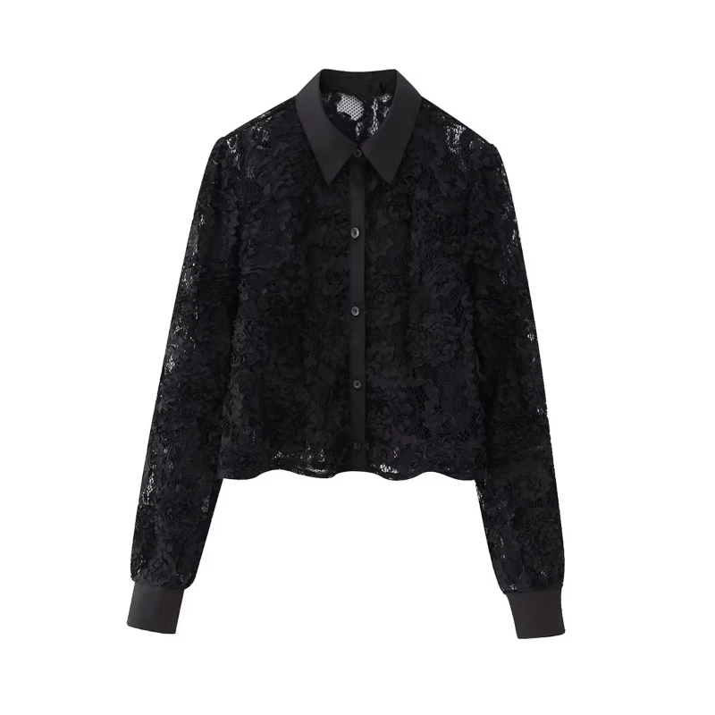 

Autumn Vintage Lace Blouse for Women Hook Floral Long Sleeve Female Tops Black Lapel Mesh Elegant Shirt Chic 2023 New Fashion