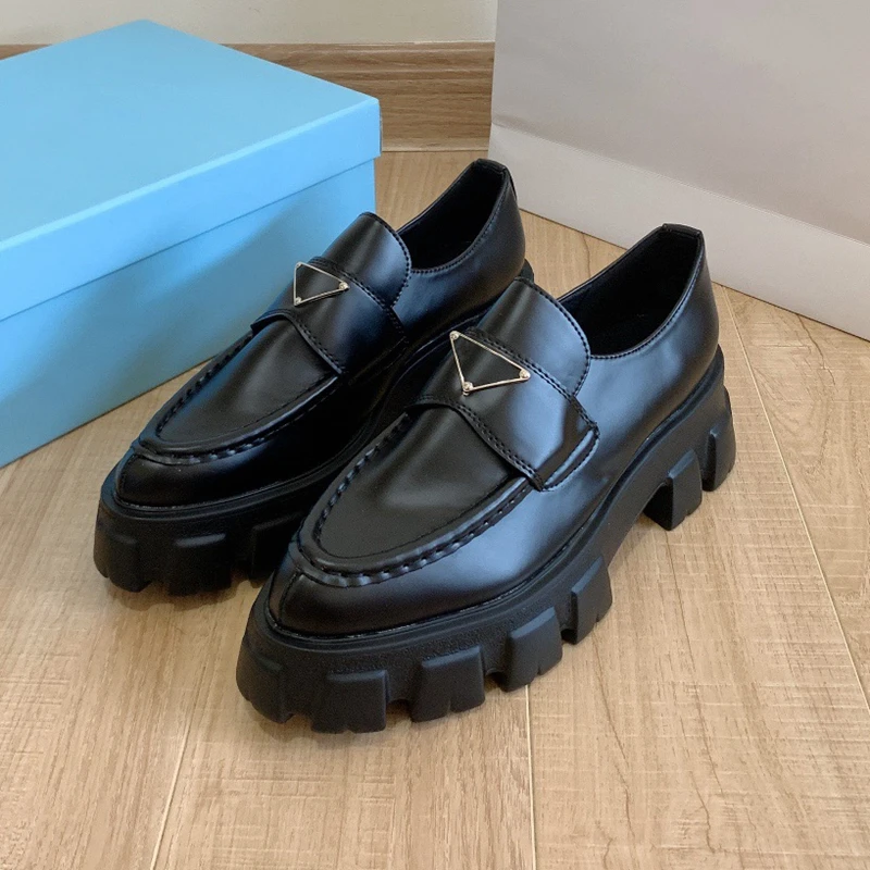2025 Loafers Women Genuine Cow Leather Round Toe Metal Design Thick Sole Slip-On Uniform Dress Shoes Handmade size 34-41 2