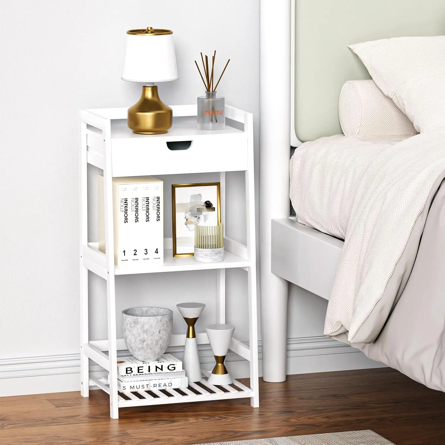 3-Tier Bamboo Shelves with Drawer. Ladder Shelf. Space-Saving. Stylish Nightstand. For Home, Living Room, Kitchen, Office.