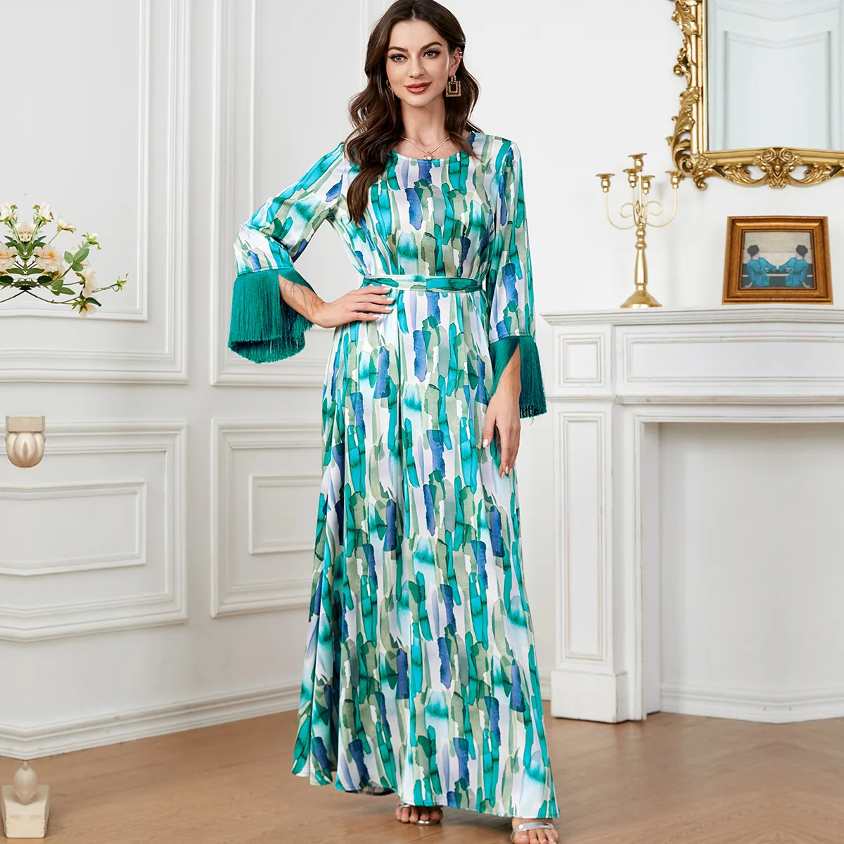 Maxi Dress for Women Summer 2023 New Tassel Patchwork O Neck Long Sleeve Elegant Ethnic Print Arab Dubai Muslim Dess Clothes