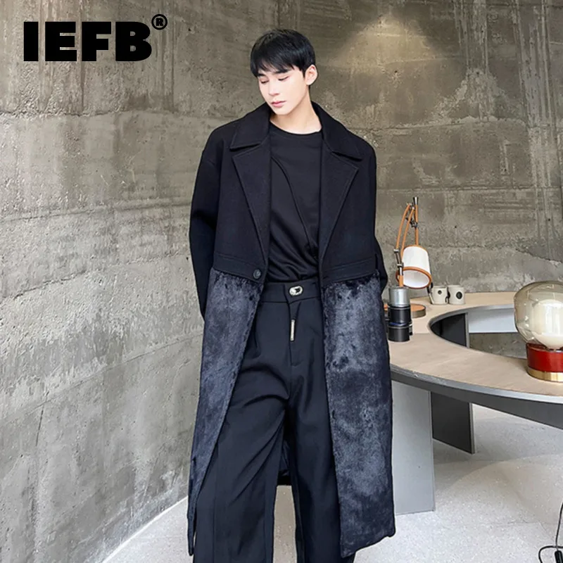 

IEFB Men Woolen Coat Splicing Niche Design Personality Fashion Loose Belt Lapel Men's Overcoat 2023 Winter New Tide 9C3688