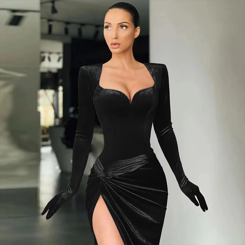formal evening dresses On Zhu Sexy Velour Abendkleider Mermaid Prom Dresses Pleat Long Sleeves Sweetheart Evening Gowns High Slit Dubai Party Gowns plus size evening wear
