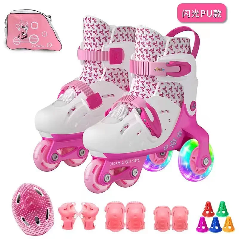 

Double Line Roller Skates for Kids, Adjustable 4-Wheel Skating Shoes, Patins Sliding, PU Wheel Children Quad Sneakers