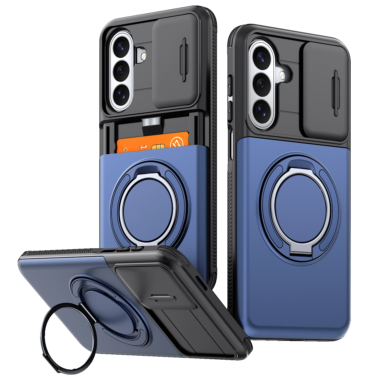 Armor Ring Bracket Holder with Card Slot and Sliding Camera Protection Cover