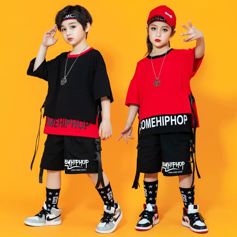 

Summer Boy Kpop Hip Hop Clothing Patchwork T Shirt Top Cargo Shorts Kids Ins Cool Dance Costume Streetwear Clothes 6 8 10 12 14Y