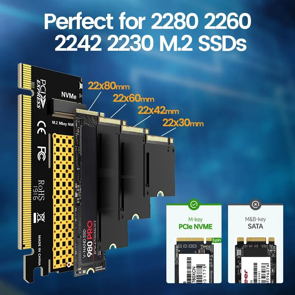 M.2 to PCIE X16 Adapter 2280/60/42/30 NVMe SSD to PCIe 4.0 3.0 GEN4 64Gbps Expansion Card for Desktop Motherboard PC