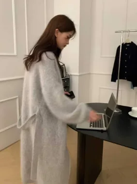 Fluffy Mink Cashmere Sweater  Autumn New Sable Long Cardigan with Belt Women's Sweater Loose Knitted Coat FB1029 3