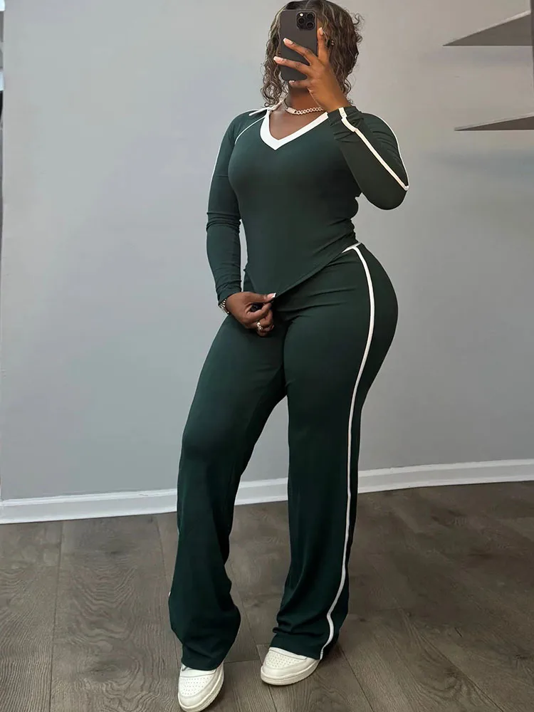 Nibber Sporty Simple Contrast Patchwork 2 Piece Set Woman V-Neck Full Sleeve Tops+Skinny Long Pants Casual Style Classic Outfits