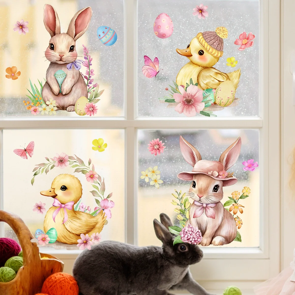 Easter Bunny Window Static Stickers Spring Flowers Living Room Window Glass Stickers Home Decorations Resurrection Day wall stickers wall sticker