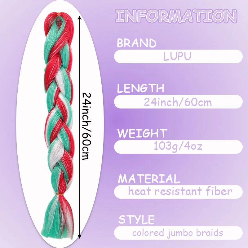 Synthetic Straight Hair Extensions Wig for Braiding Colored Jumbo Braids with Tinsel Hair for Women Kids Christmas&Party Use