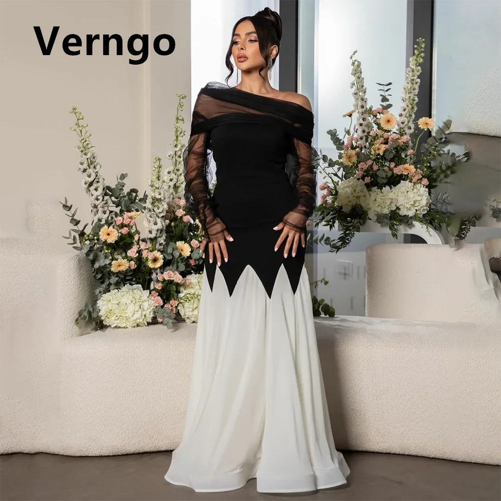

Verngo Elegant Long Sleeve Black Tulle Evening Dresses A-Line One Shoulder Party Dress For Women Formal Dresses