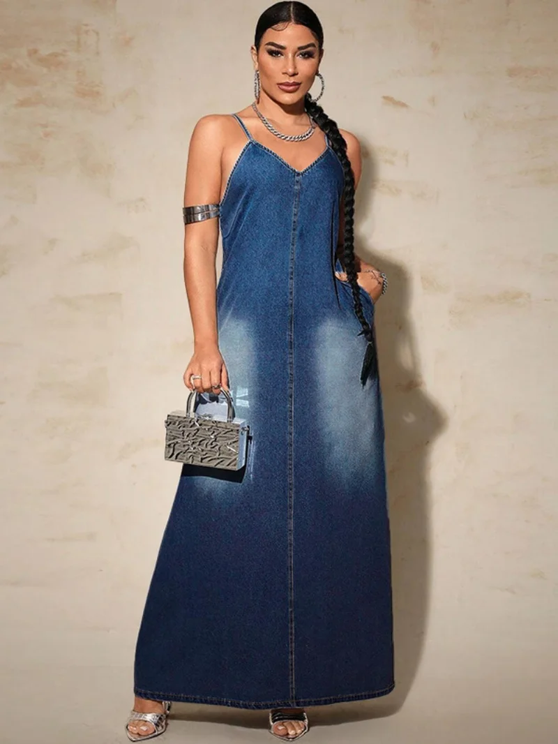 Streetwear Denim Spaghetti Strap Dress Summer Clothing Women Sleeveless Jean Maxi Long Dresses Cowboy Casual Loose Sling Dress