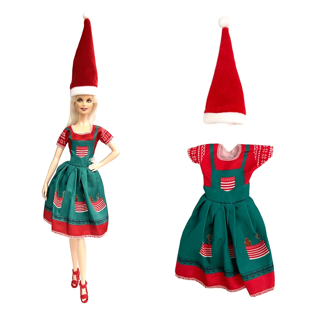 NK Official 2 Pcs Christmas kitchen dress red Christmas hat + red and green dress For Barbie Doll 1/6 Girl Toys Gift Accessories silicone table mat christmas favors drying kitchen counter santa gifts mats silica gel dish sink drainer