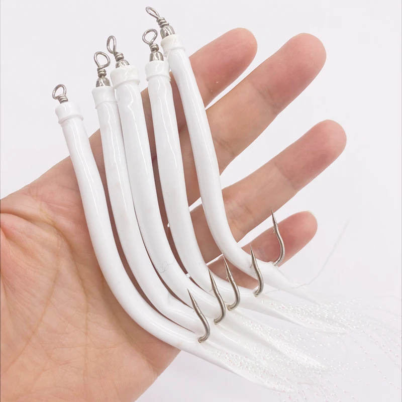 Description Picture 2 of item5Pcs*CodfishFishing Eel Tube Jig bait shank offset Hook Barbed Octopus Hook Rolling Swivel Thread Feather Sabiki Rig Sea Fishing