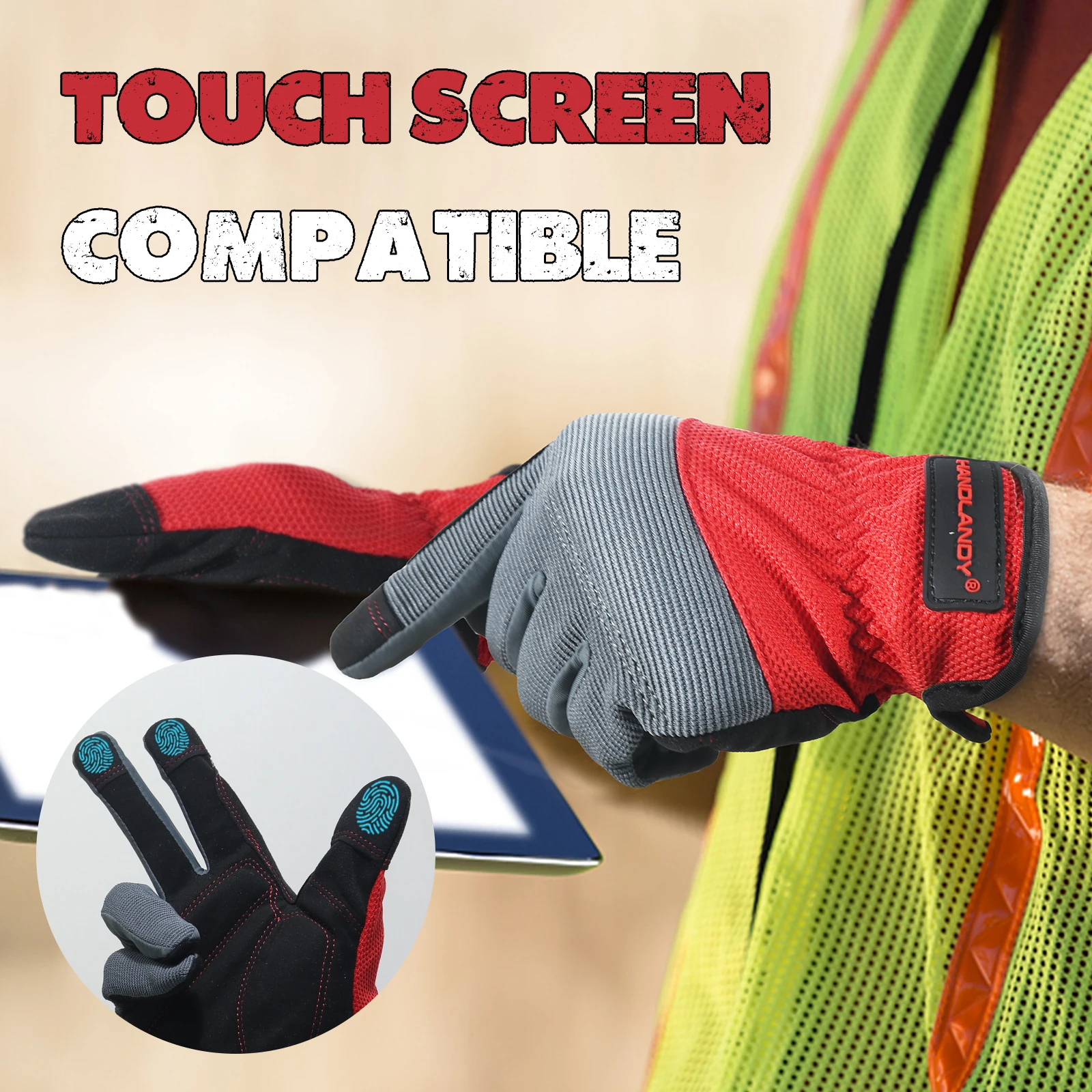 Work Gloves HANDLANDY Flexible Breathable Fit-Padded Knuckles & Palm Touch screen Utility Mechanic Mens Work Gloves
