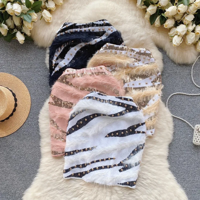 

Fashion Fur Stitching Beaded Sequin Skirts Women Autumn Wear Celebrity Sexy Slim Skirts Female Fashion Hot Girl Mini Skirt