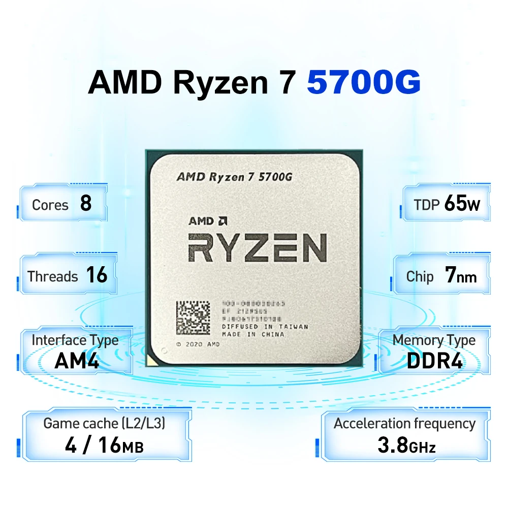 AMD Ryzen 7 5700G 3.8GHz 8-Core 16-Thread Processor 65W 7NM L3=16M DDR4 Socket AM4 No Fan